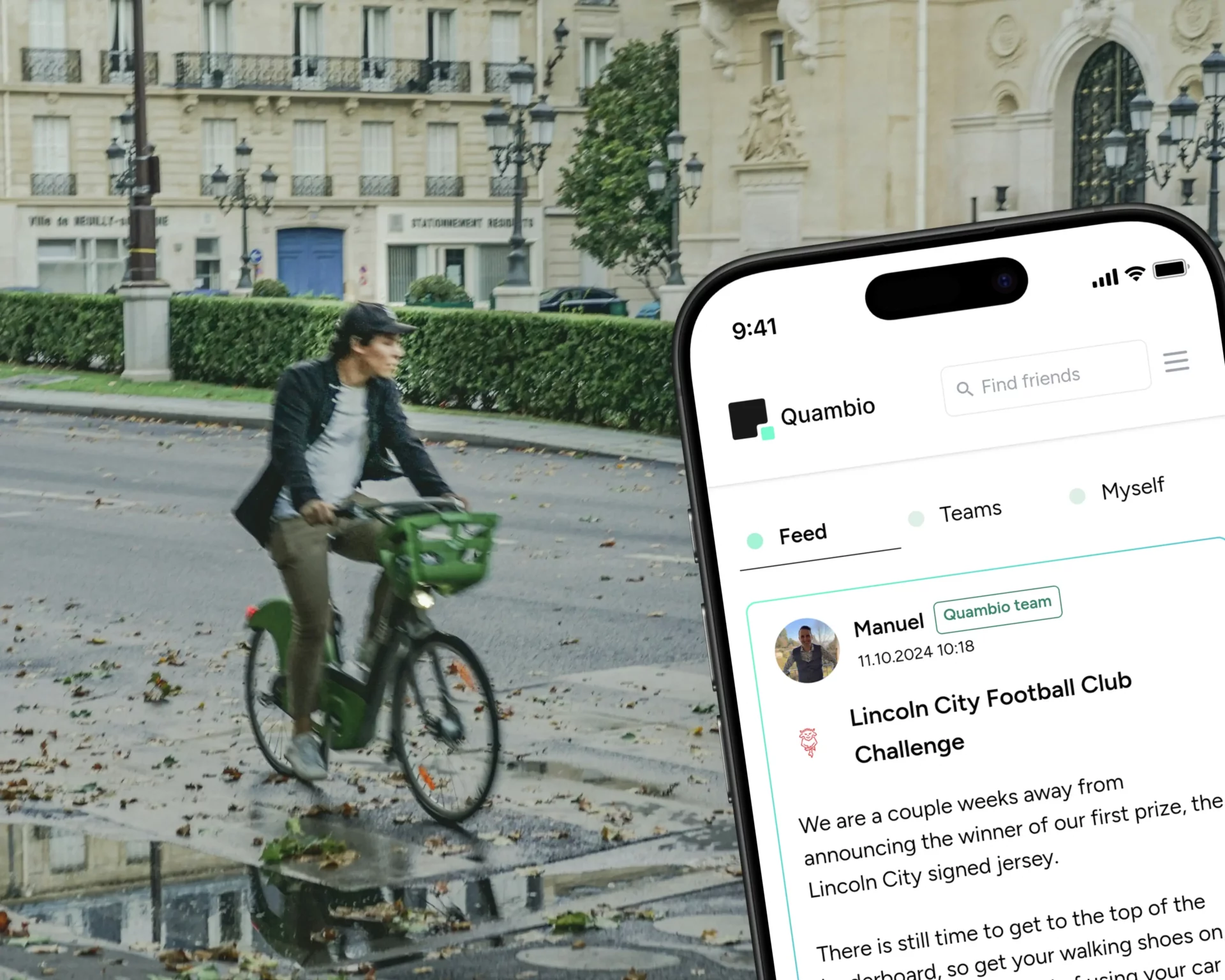 Ecran de Quambio avec un cycliste en arrière-plan